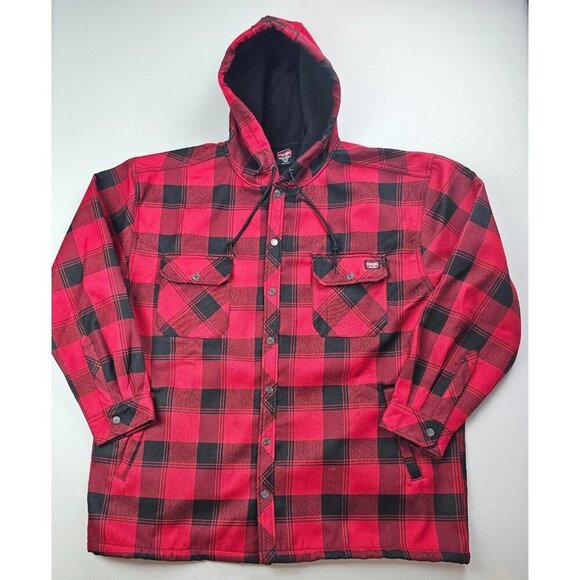 Wrangler Worwear Size 3XL Mens Red Black Plaid Pocket Logo Snap Hooded Jacket - Picture 1 of 9